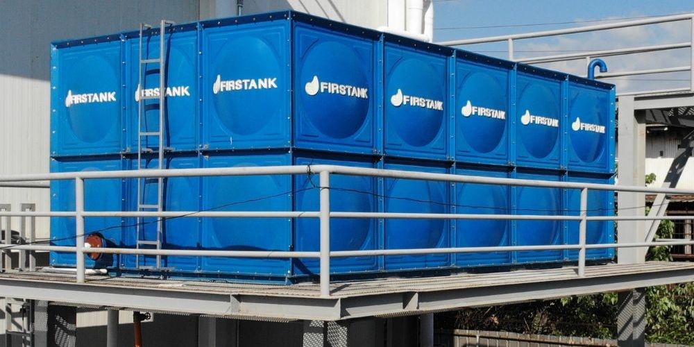 Large capacity Firstank water storage tank, elevated for rain water harvester.